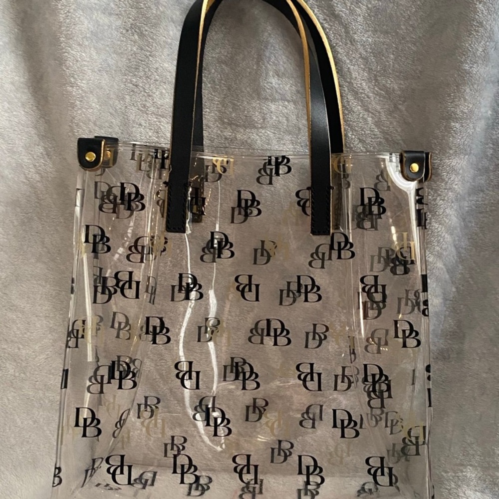 Dooney & Bourke Clear Transparent IT Lunch Tote Bag with Black and Gold Letters